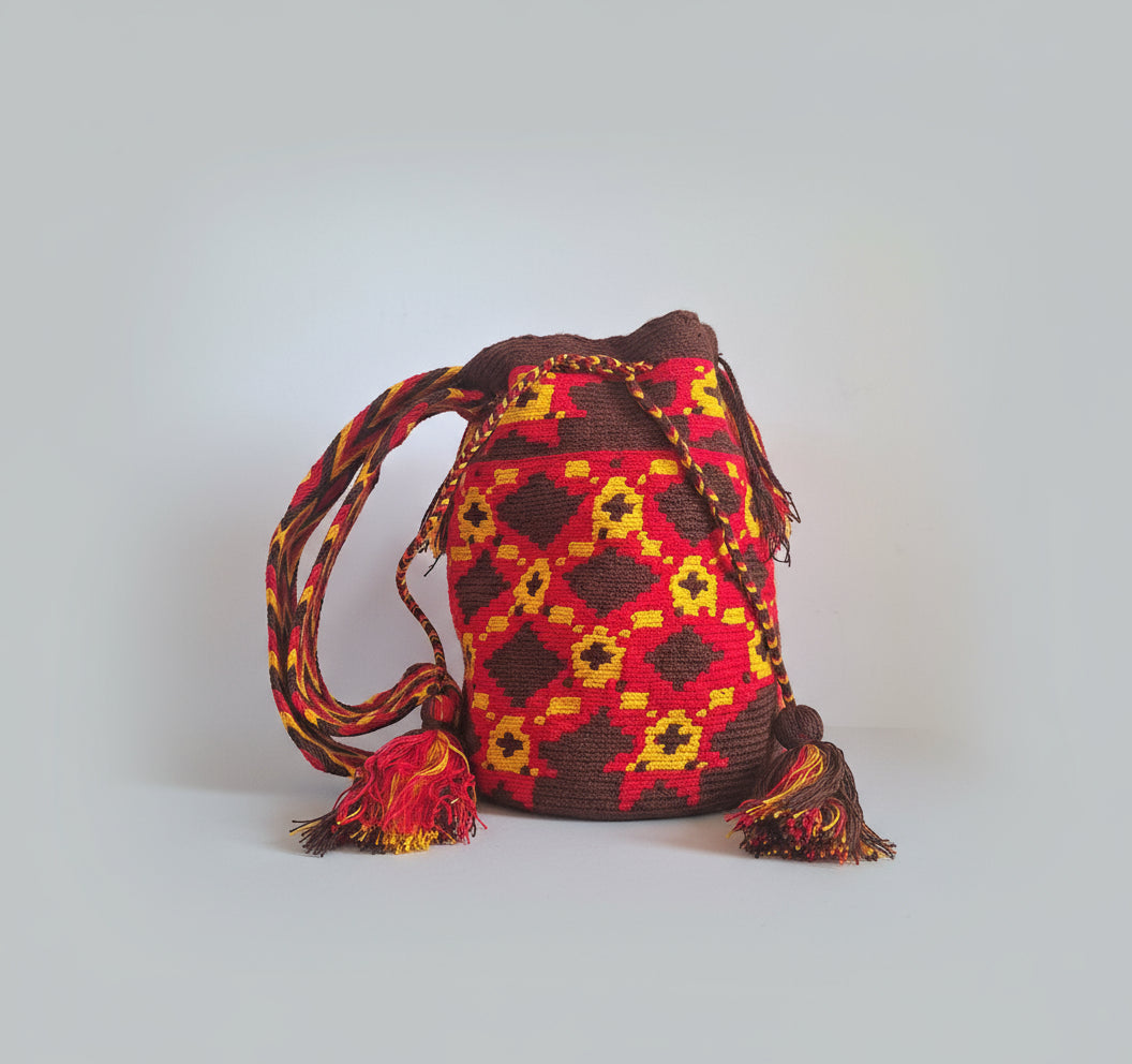 Large Wayuu Bag Unique Design Red, Yellow and Brown Cross and Diamond