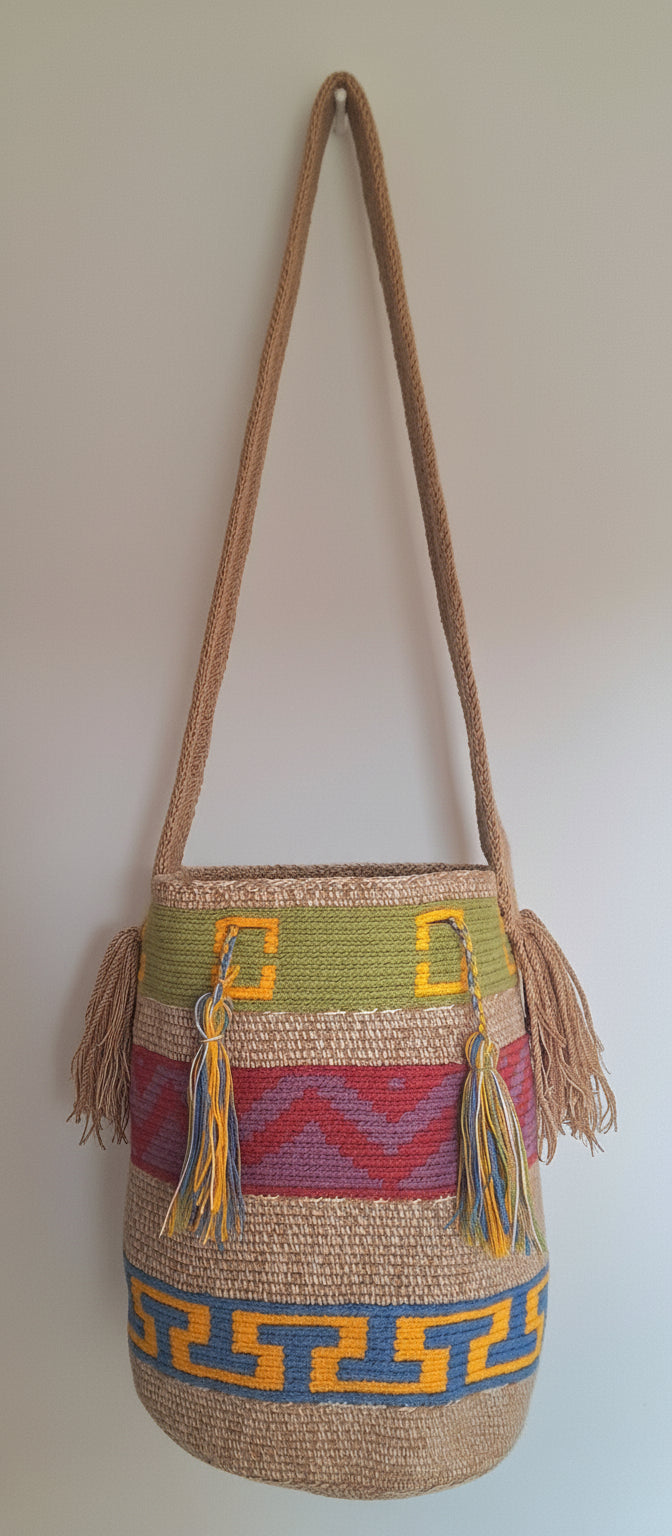 Large Wayuu Bag Unique Abstract Design in Blues and Greys