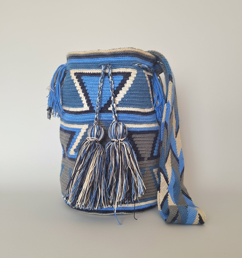 Large Wayuu Bag Unique Abstract Design in Blues and Greys