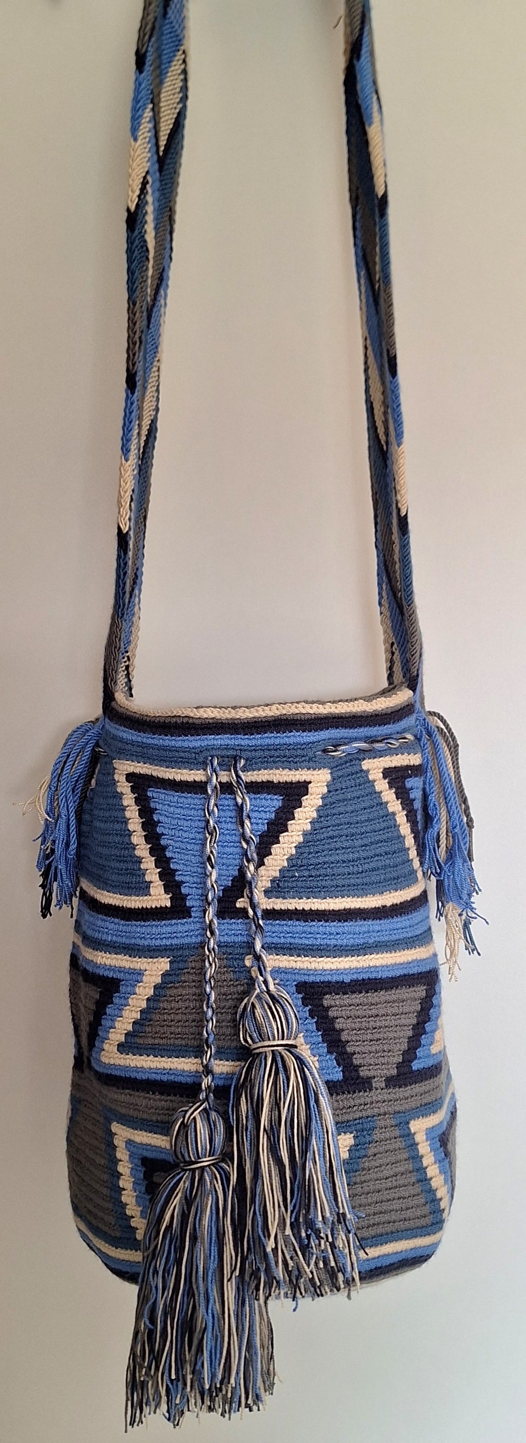 Large Wayuu Bag Unique Abstract Design in Blues and Greys