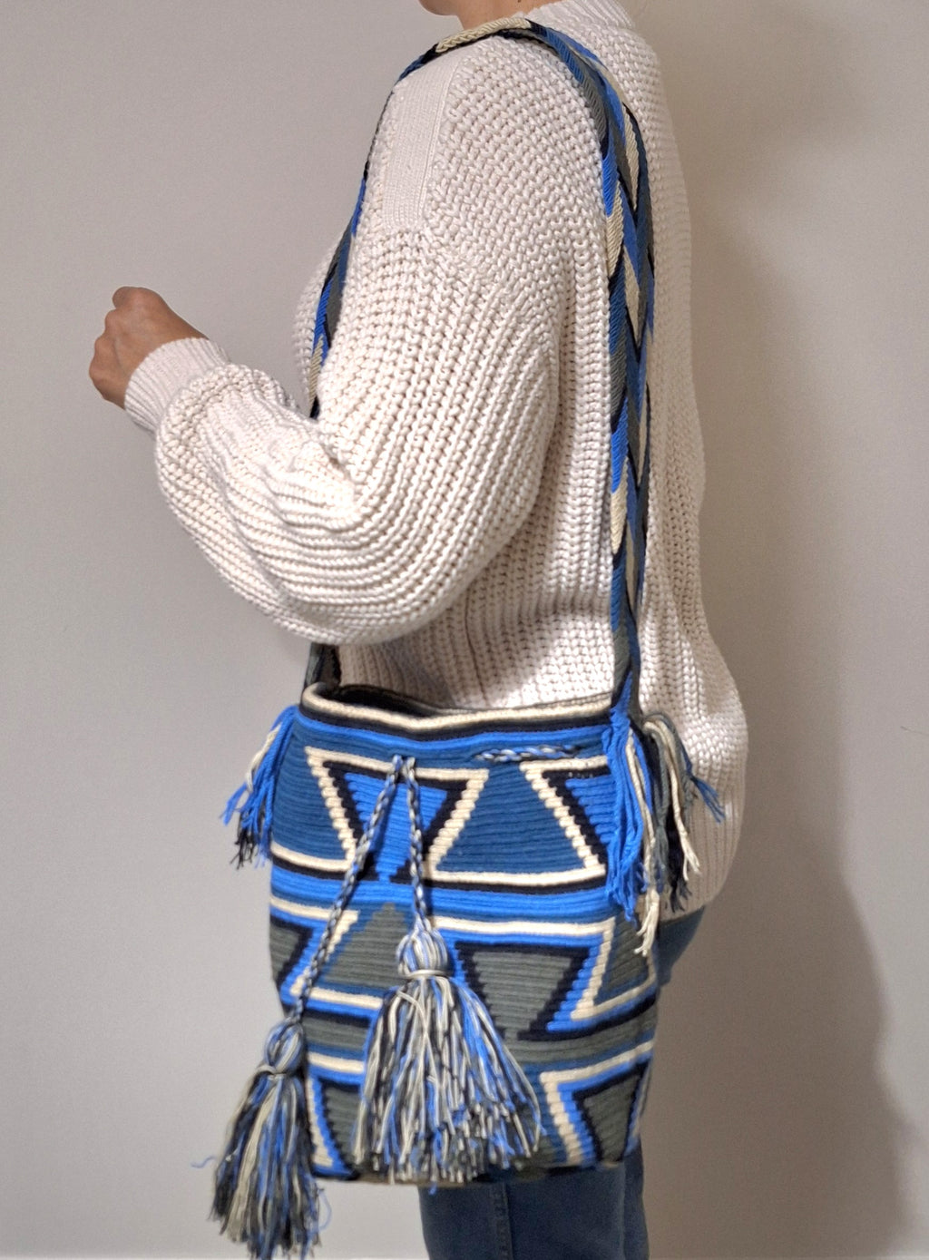 Large Wayuu Bag Unique Abstract Design in Blues and Greys