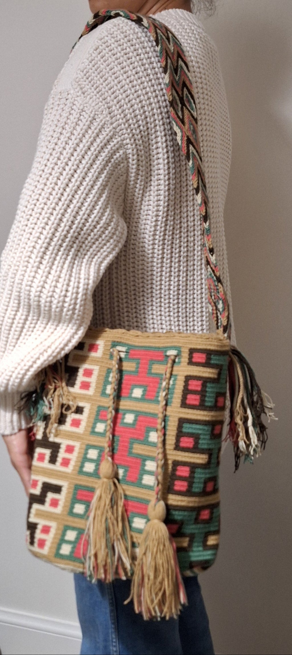 Large Wayuu Bag Unique Abstract Design in Pink, Turquoise, Brown and Beige