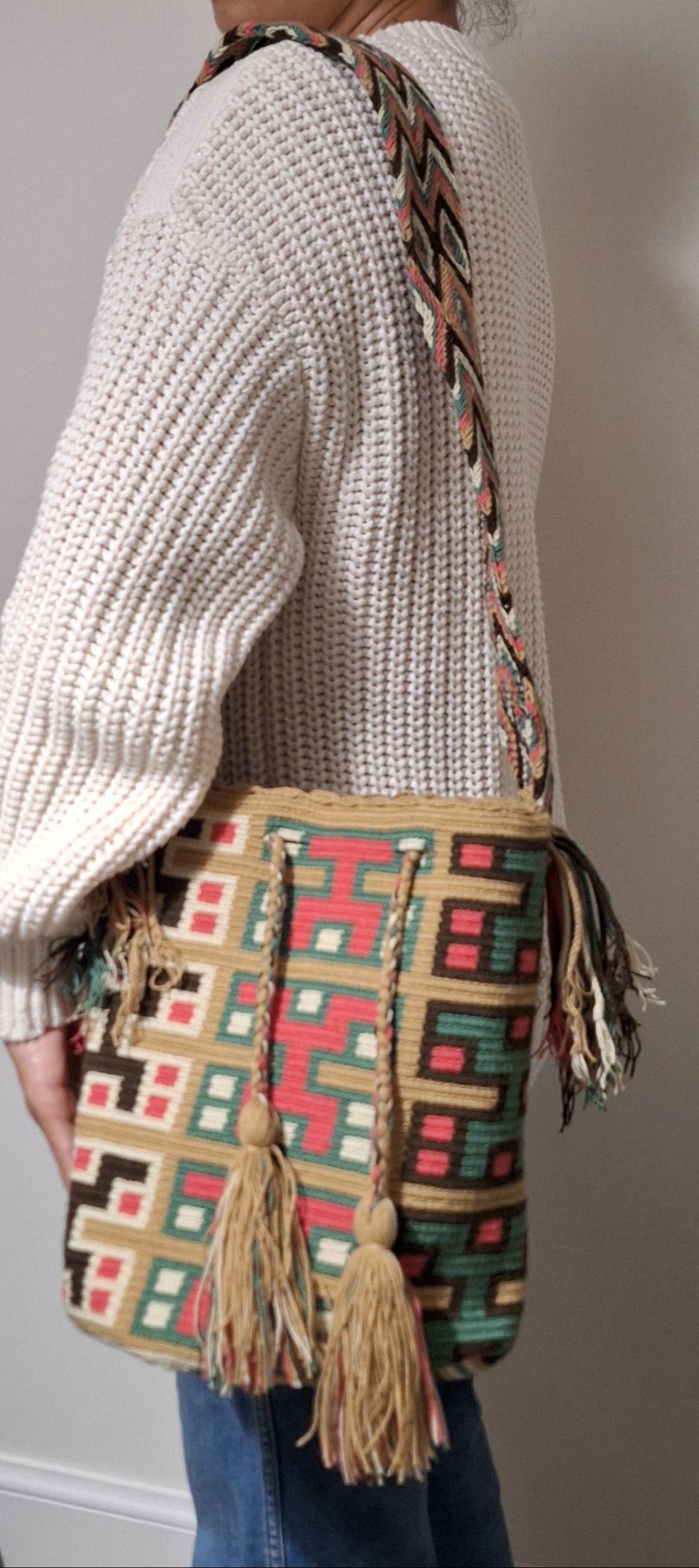 Large Wayuu Bag Unique Abstract Design in Pink, Turquoise, Brown and Beige