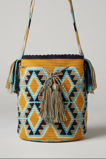 Large Wayuu Bag with Unique Diamond Pattern in Amber, White, Navy and Light Blue