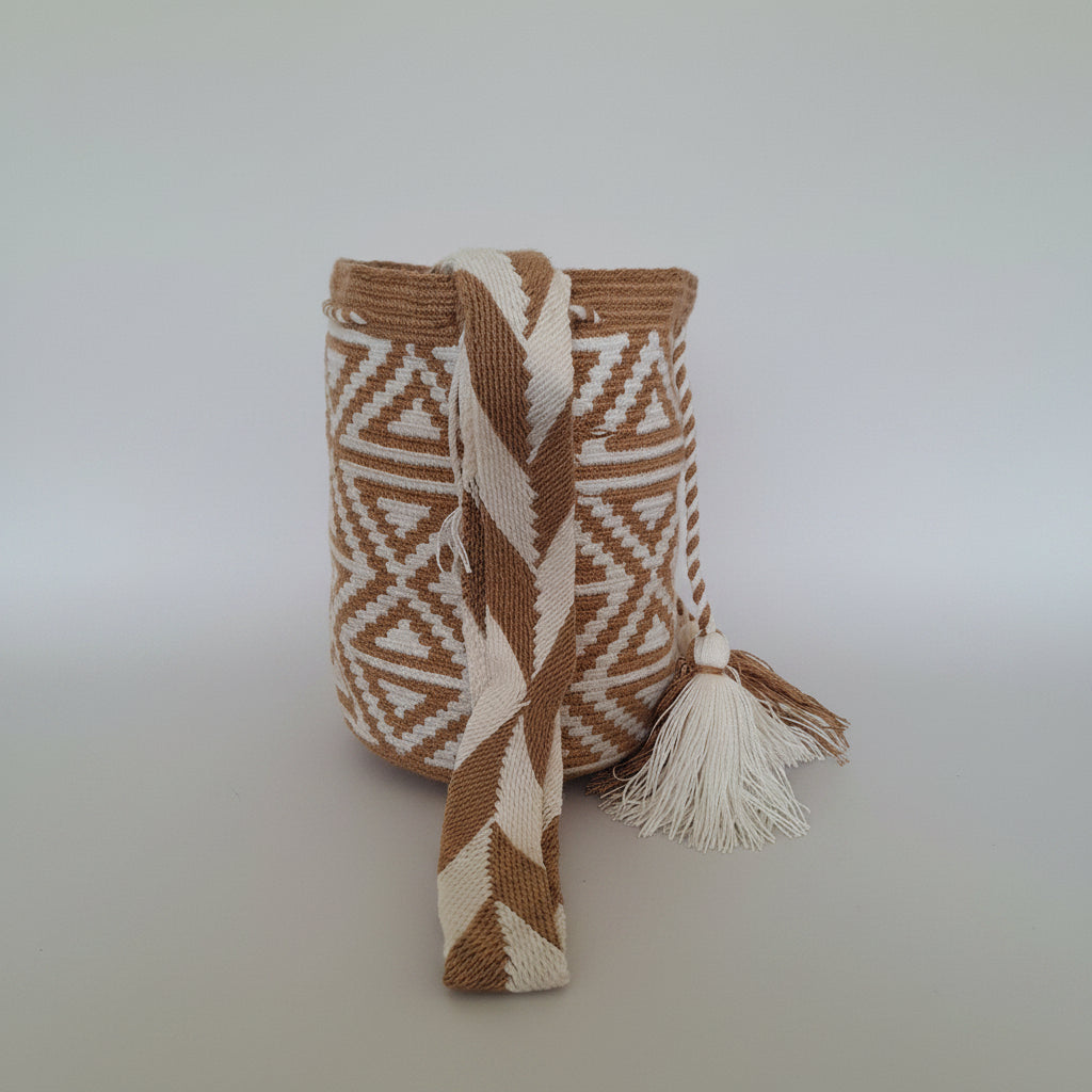 Medium Wayuu Bag Unique Triangle Design in Beige and White
