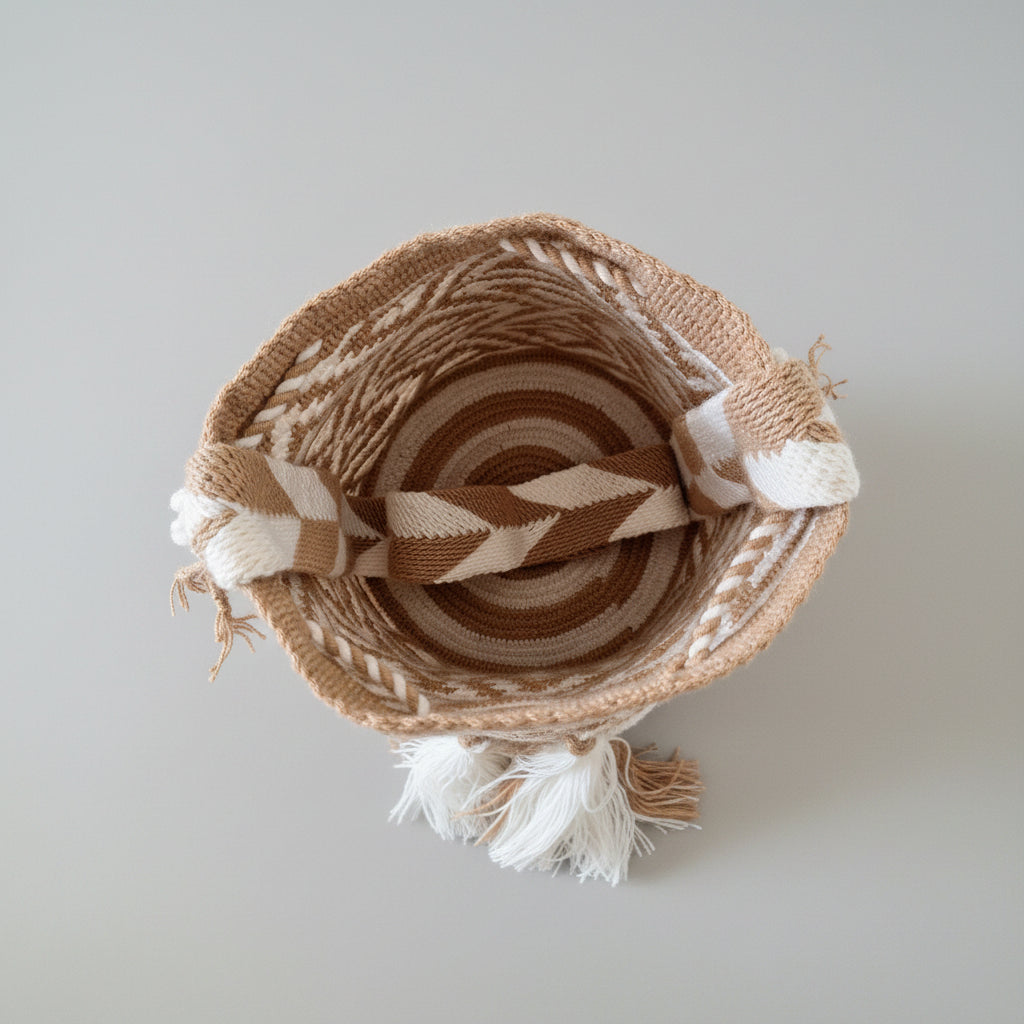 Medium Wayuu Bag Unique Triangle Design in Beige and White