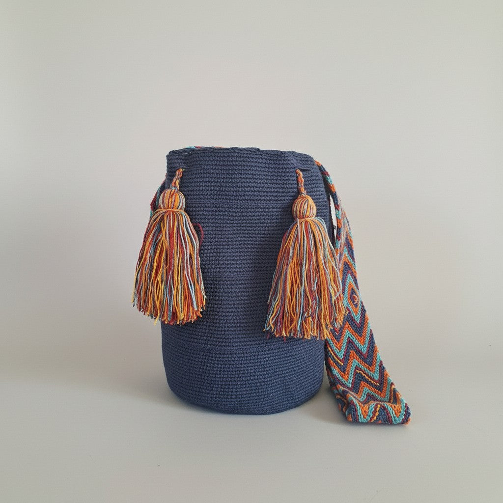 Large Wayuu Mochila Bag Blue. Tassels and crossbody strap on show.