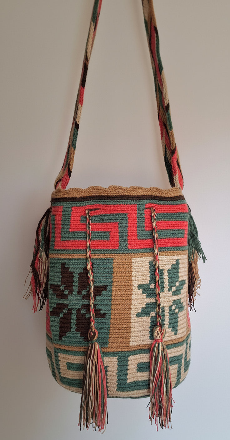 Detailed view of traditional Wayuu crochet technique in turquoise, beige, green and pink with star design and tassels on a mochila bag with crossbody strap fully extended. Large Wayuu bag is ethically sourced for a conscious boho wardrobe.
