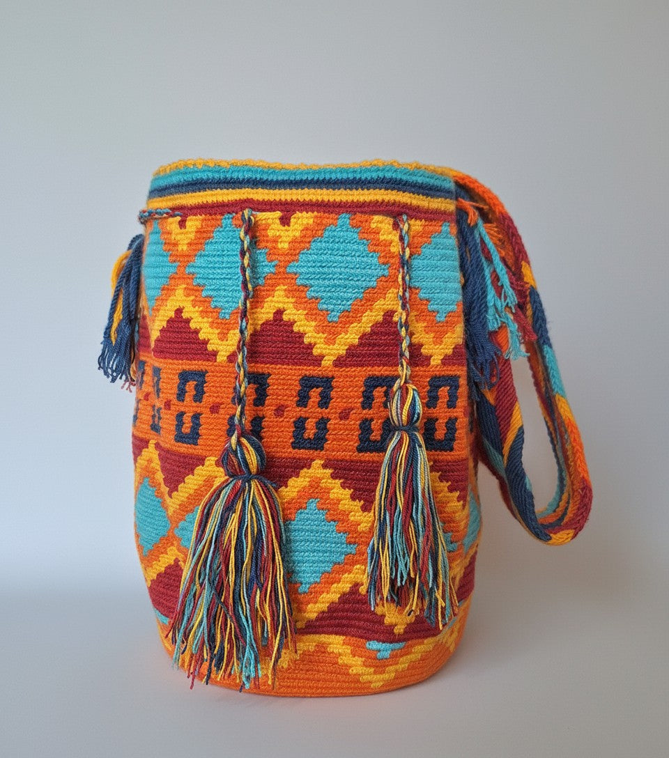 Large Wayuu Bag with Geometric Design in Orange, Yellow, Red, and Blue