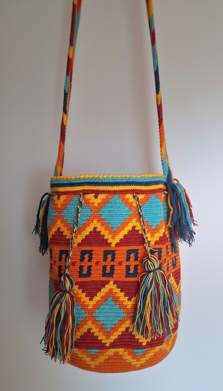 Large Wayuu Bag with Geometric Design in Orange, Yellow, Red, and Blue