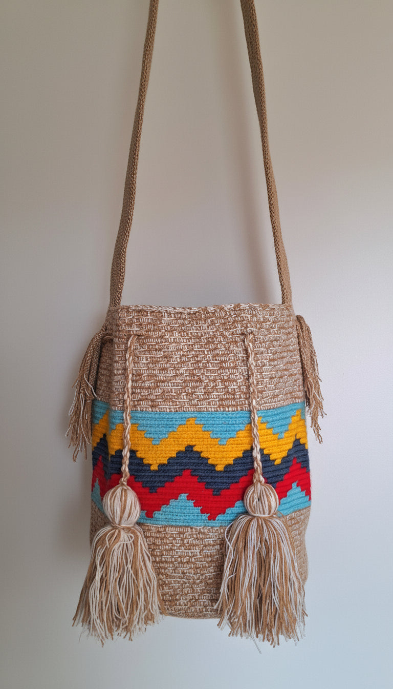 Detailed view of traditional Wayuu crochet technique in beige, yellow, red, navy and light blue with tassels and crossbody strap fully extended. Large mochila bag with zigzag design is artisan-made and perfect for boho styling.