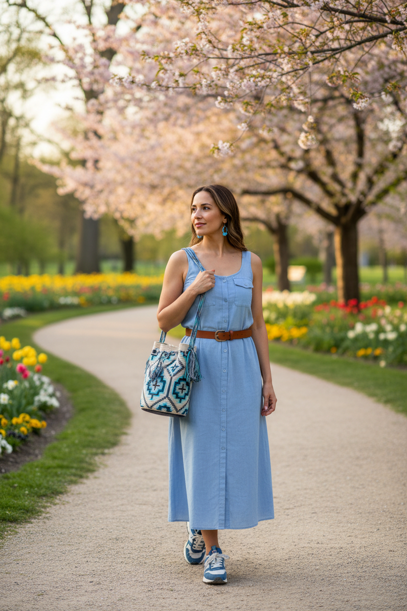 Woman wearing a blue and white handmade Wayuu shoulder bag walking in park. Ethically and responsibly sourced.