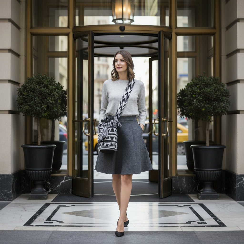 Wayuu bag handwoven ethical fashion. Woman at hotel entrance in grey outfit wearing Wayuu bag. Ethically and responsibly sourced.