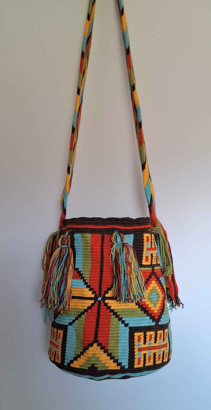 Detailed view of traditional Wayuu crochet technique and tassels on a vibrant coloured mochila bag with crossbody strap fully extended. Ethically and responsibly sourced.