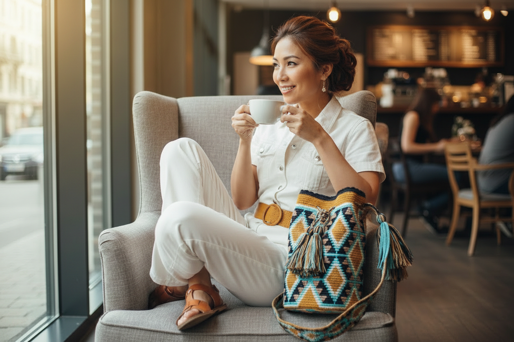 Woman wearing a ochre and blue handmade Wayuu shoulder bag relaxing at café. Ethically and responsibly sourced.