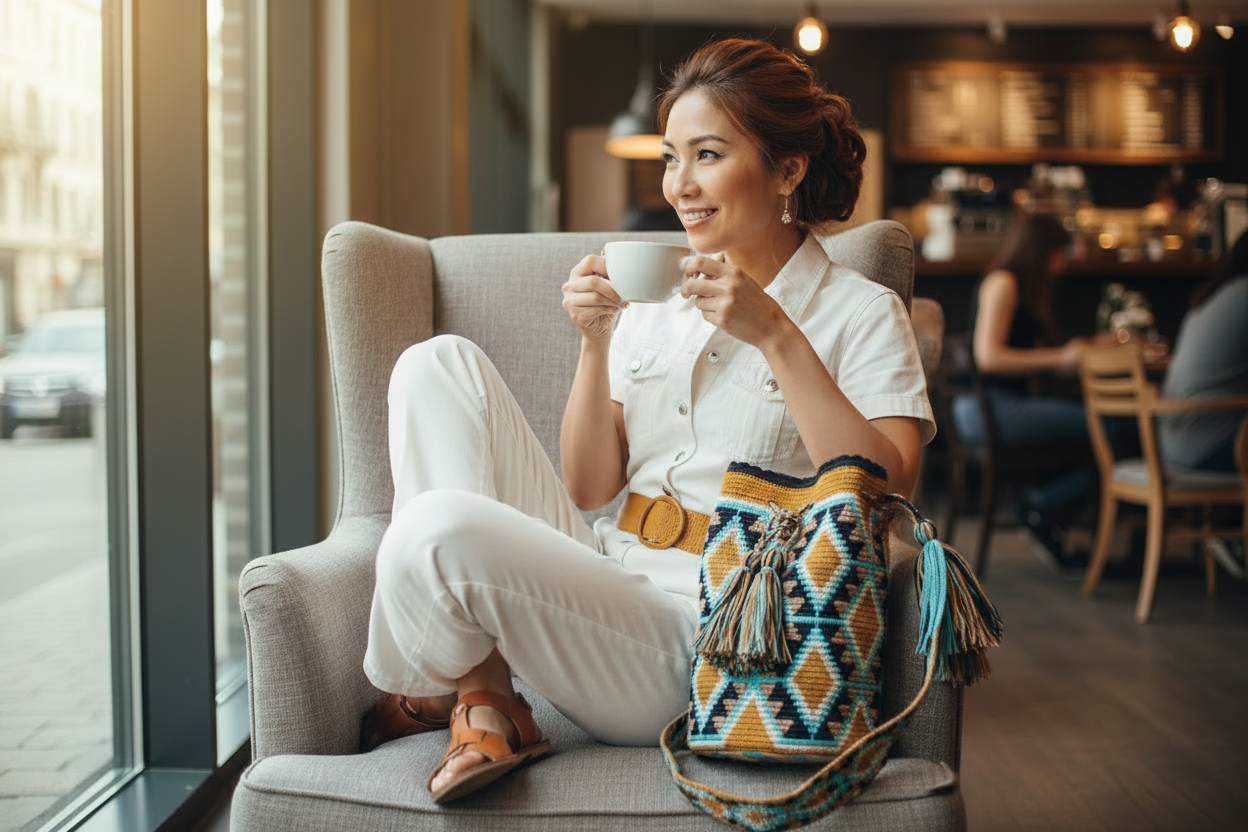 Woman wearing a ochre and blue handmade Wayuu shoulder bag relaxing at café. Ethically and responsibly sourced.
