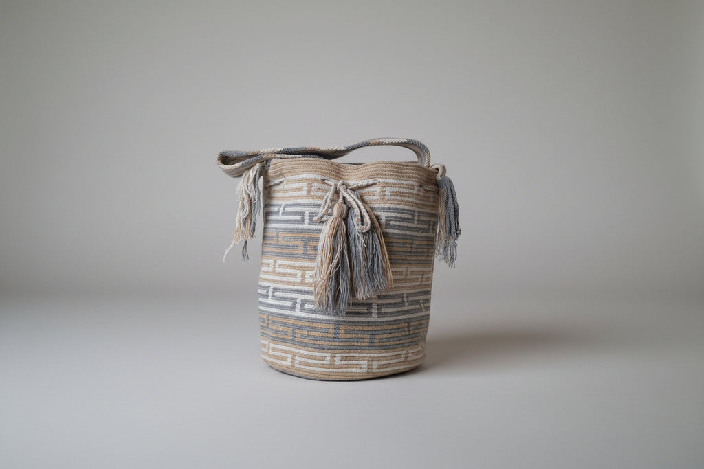 Authentic handmade Colombian Wayuu Mochila in soft cotton threads, geometric design. Ethically and responsibly sourced.