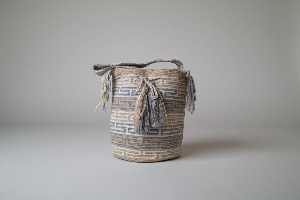 Authentic handmade Colombian Wayuu Mochila in soft cotton threads, geometric design. Ethically and responsibly sourced.