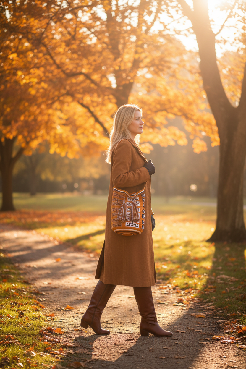 Autumn park walking image with the Traditional Clan Design Wayuu bag