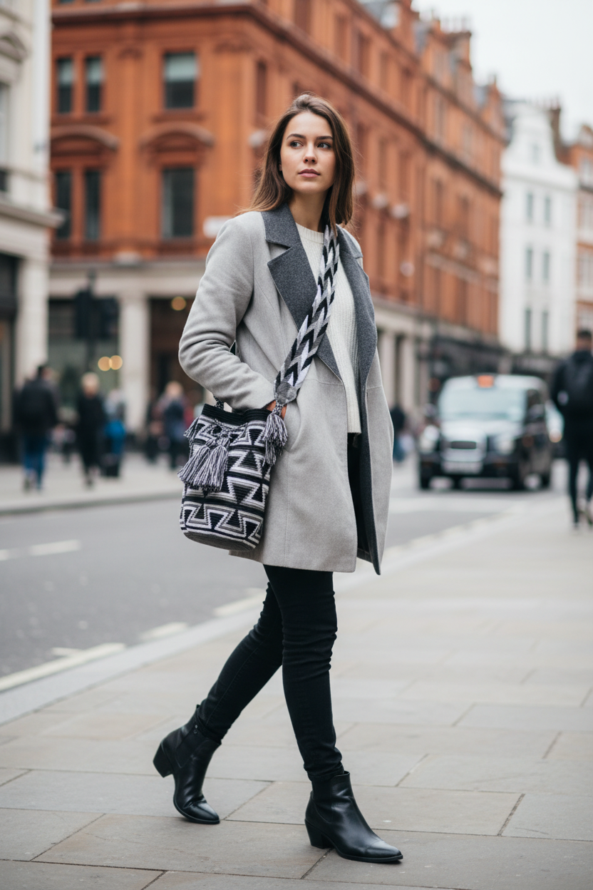Woman wearing black and white handmade Wayuu shoulder bag in city street. Ethically and responsibly sourced.