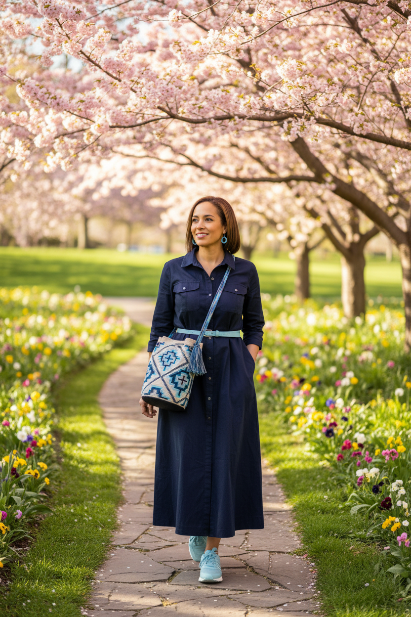 Woman wearing blue and white handmade Wayuu shoulder bag walking in park. Ethically and responsibly sourced.