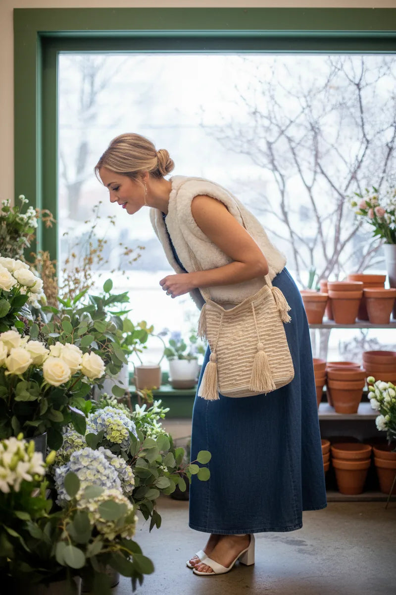 Woman wearing a handmade Wayuu shoulder bag with pastel colours in flower shop, boho chic style. Ethically and responsibly sourced mochila is perfect for festivals and boho chic outfits