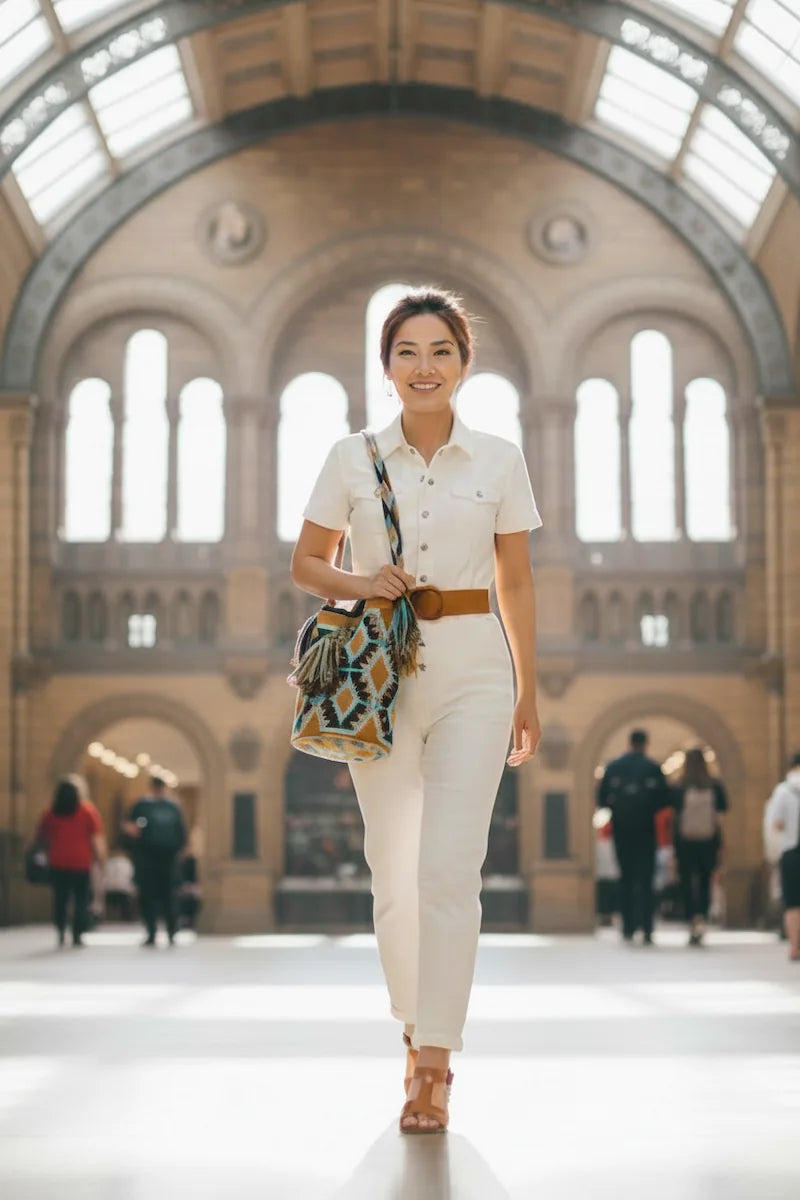Woman wearing a colourful handmade Wayuu shoulder bag at trendy museum. Crossbody strap is perfect for classic smart casual looks