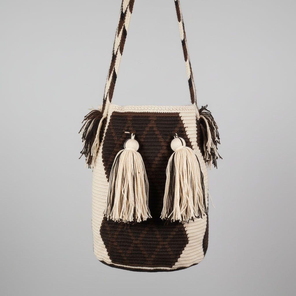 A handwoven bucket bag with a long shoulder strap, focus on a geometric pattern in dark brown and cream, with two large decorative tassels on the front, hanging on a white door.