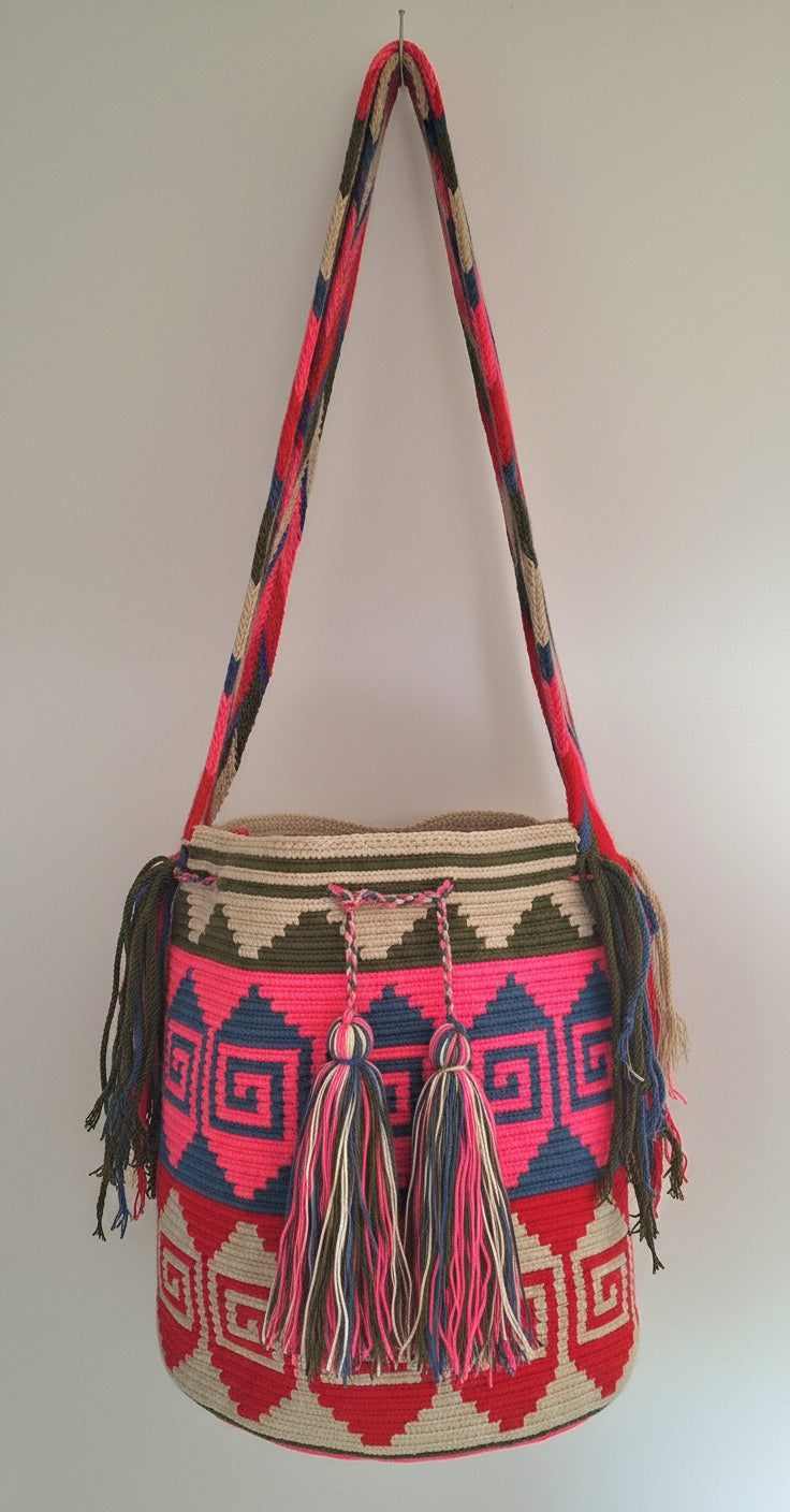 Detailed view of traditional Wayuu crochet technique in mutlicolour with tassels and crossbody strap fully extended. Large mochila bag is hand-woven by artisans; great for boho-chic layers.