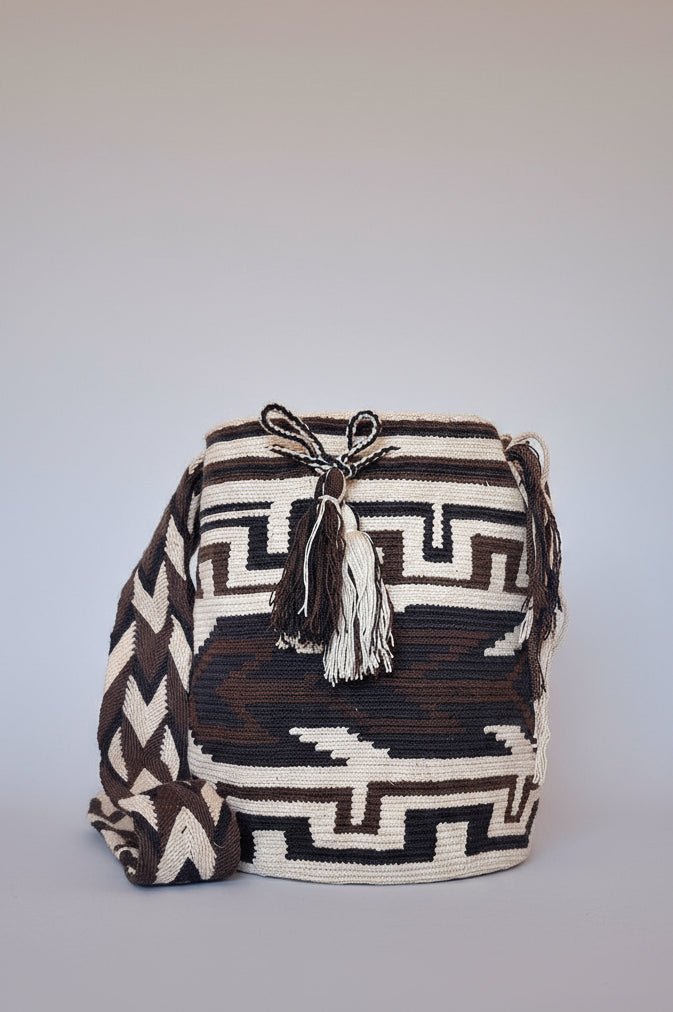 Authentic handmade Colombian Wayuu Mochila in brown, black and beige threads, geometric design. Ethically and responsibly sourced.