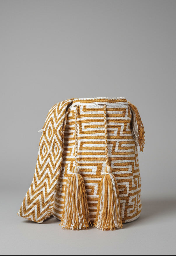 Authentic handmade Colombian Wayuu Mochila in gold and white cotton threads, geometric design. Ethically and responsibly sourced.