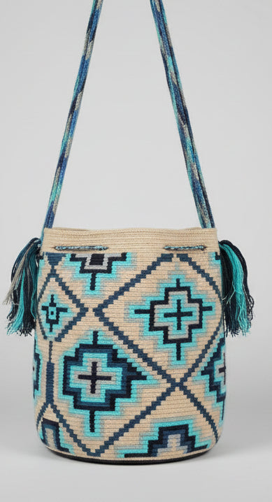 Large Wayuu Bag - Unique Cross Pattern in Blues and White