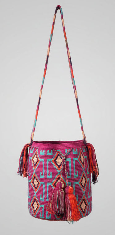 Authentic handmade Colombian Wayuu Mochila in vibrant cotton threads, geometric design, showing crossbody strap. Ethically and responsibly sourced