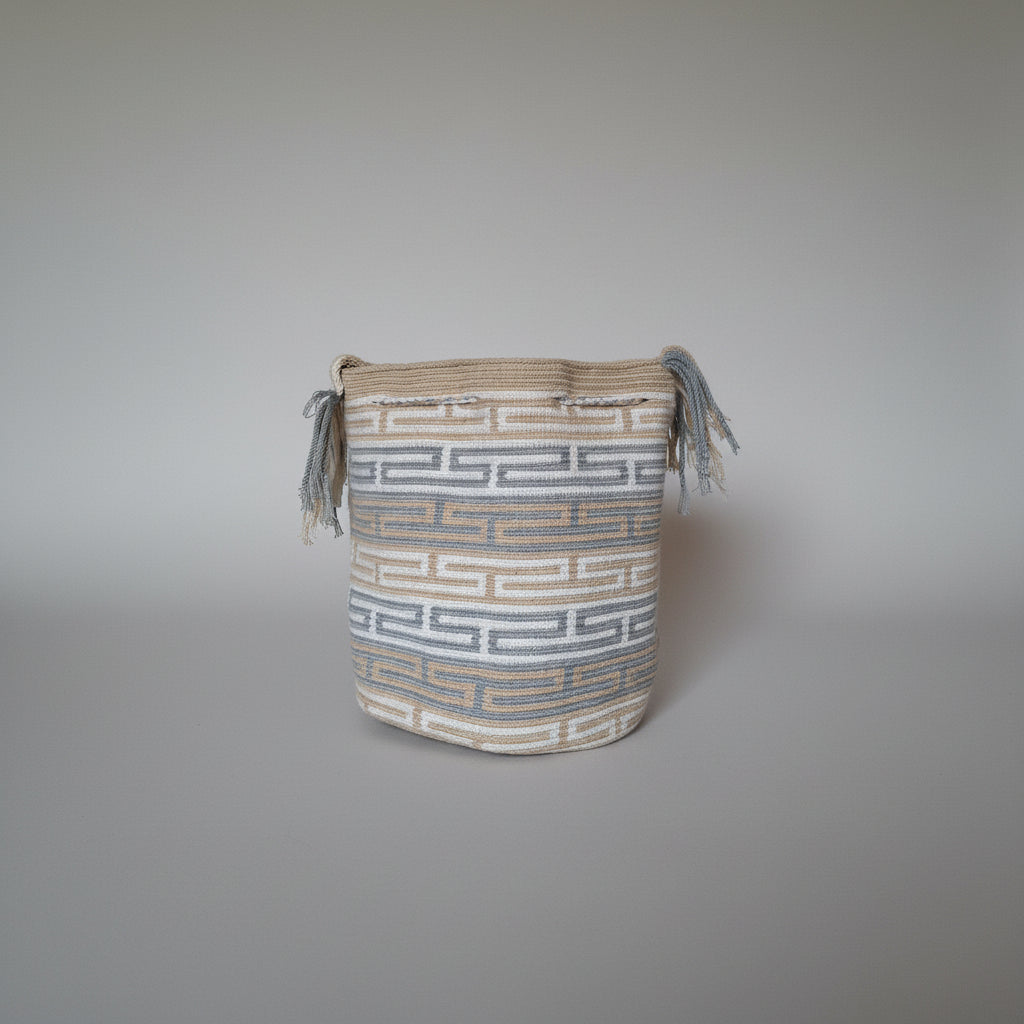 Authentic handmade Colombian Wayuu Mochila in vibrant cotton threads, geometric design. Rear view. Ethically and responsibly sourced.