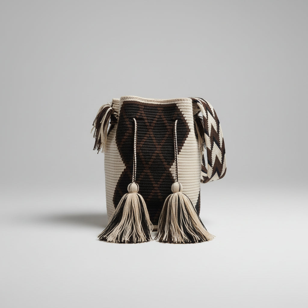 A handwoven Wayuu mochila bucket bag in brown and beige, displayed on a round wooden pedestal against a plain white background.