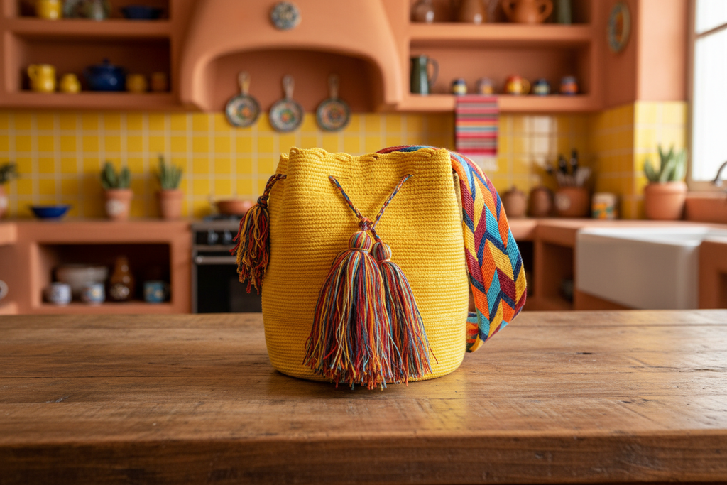Authentic handmade Colombian Wayuu Mochila in bright-yellow cotton thread on rustic kitchen table. Bag is responsibly hand-crafted; a boho festival essential.