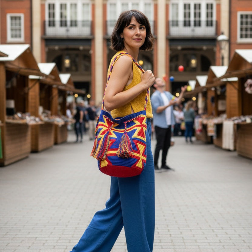 Close up of woman wearing a multi-colored handmade Wayuu shoulder bag at trendy market. Large mochila is artisan-made and perfect for boho styling.