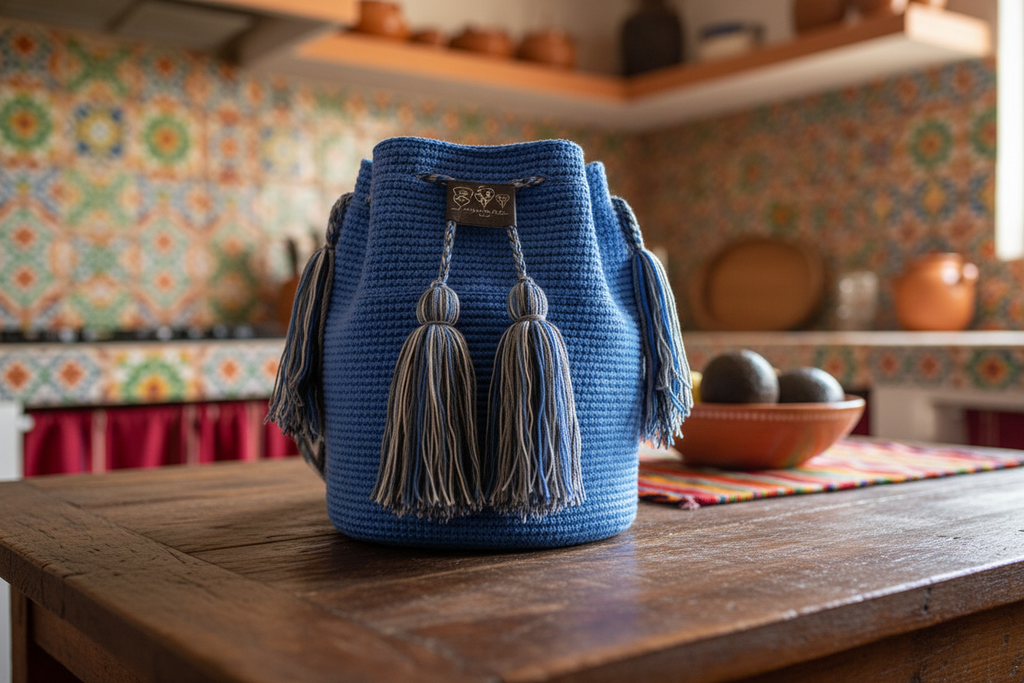 Close up of authentic handmade Colombian Wayuu Mochila in electric cotton thread on rustic kitchen table. Large artisanal bag is ethically sourced for a conscious boho wardrobe.