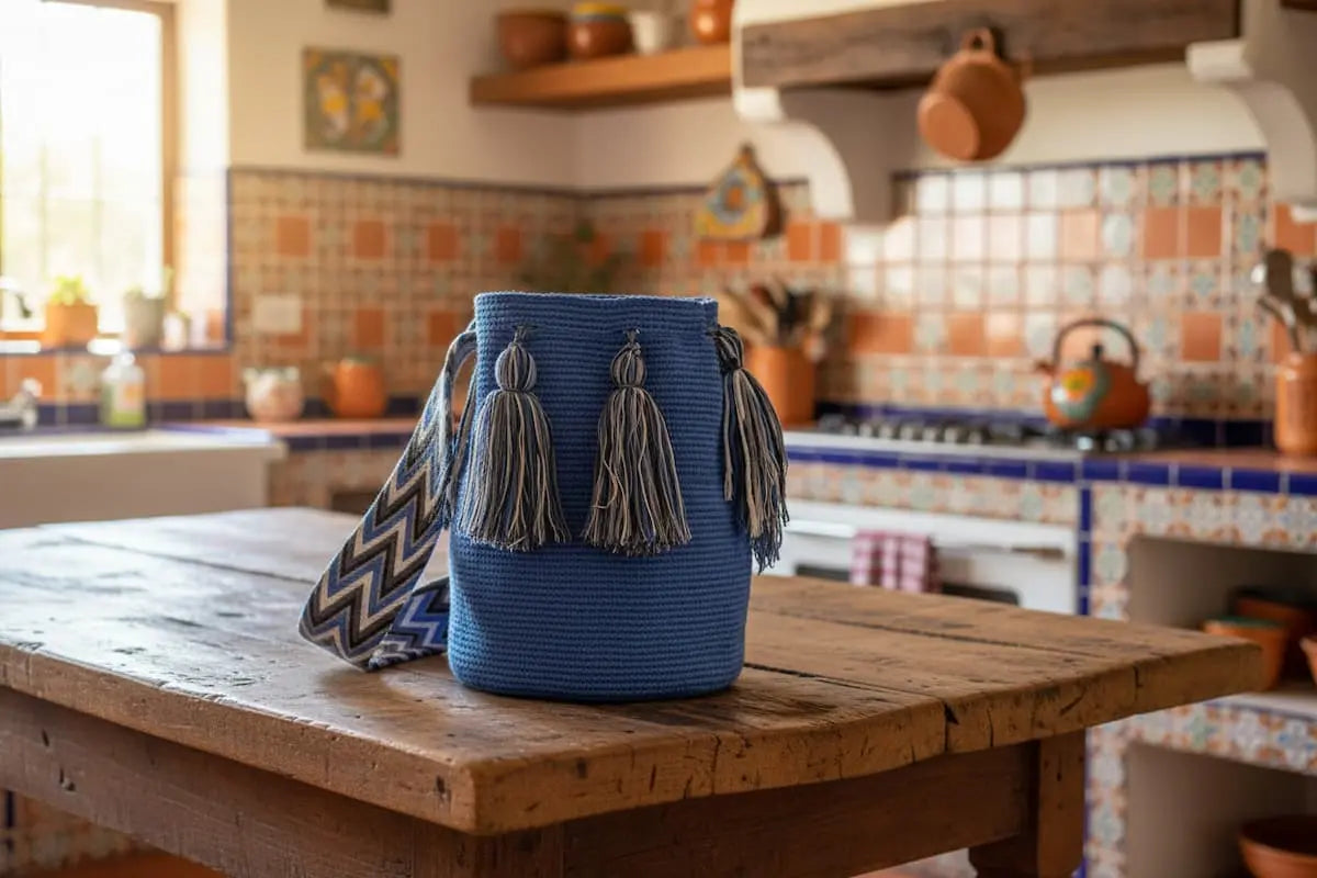 Authentic handmade Colombian Wayuu Mochila in electric cotton thread on rustic kitchen table with utensils. Large artisanal bag is ethically sourced for a conscious boho wardrobe.