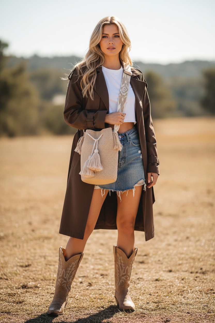 Woman wearing large fawn beige Wayuu shoulder bag walking in desert. Mochila is responsibly hand-crafted; a boho festival essential.