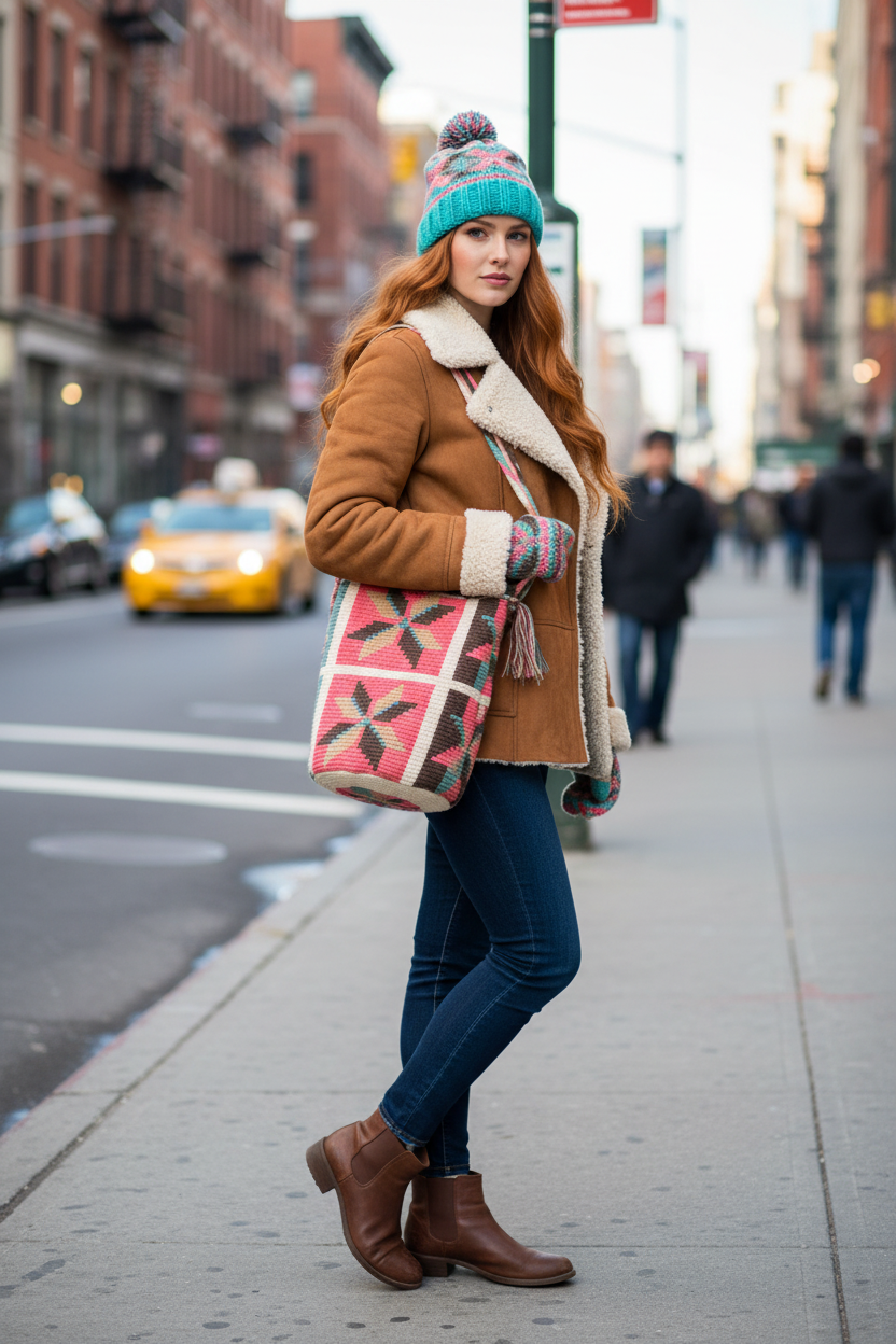 Woman wearing a handmade Wayuu shoulder bag with flower design in pink, brown and turquoise waiting at bus stop. The large mochila is hand-woven by artisans; great for boho-chic layers.