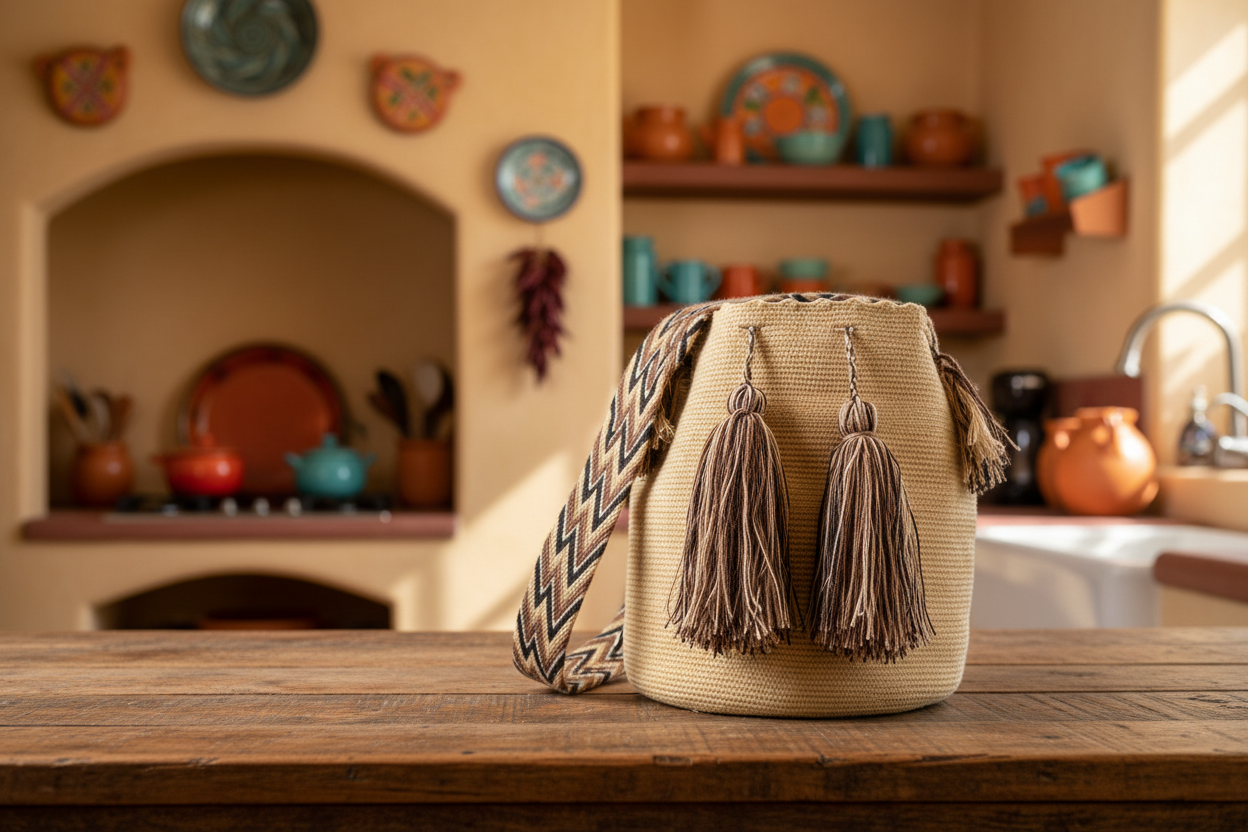 Authentic handmade Colombian Wayuu Mochila in light-mustard cotton thread on rustic kitchen table. Bag is artisan-made and perfect for boho styling.