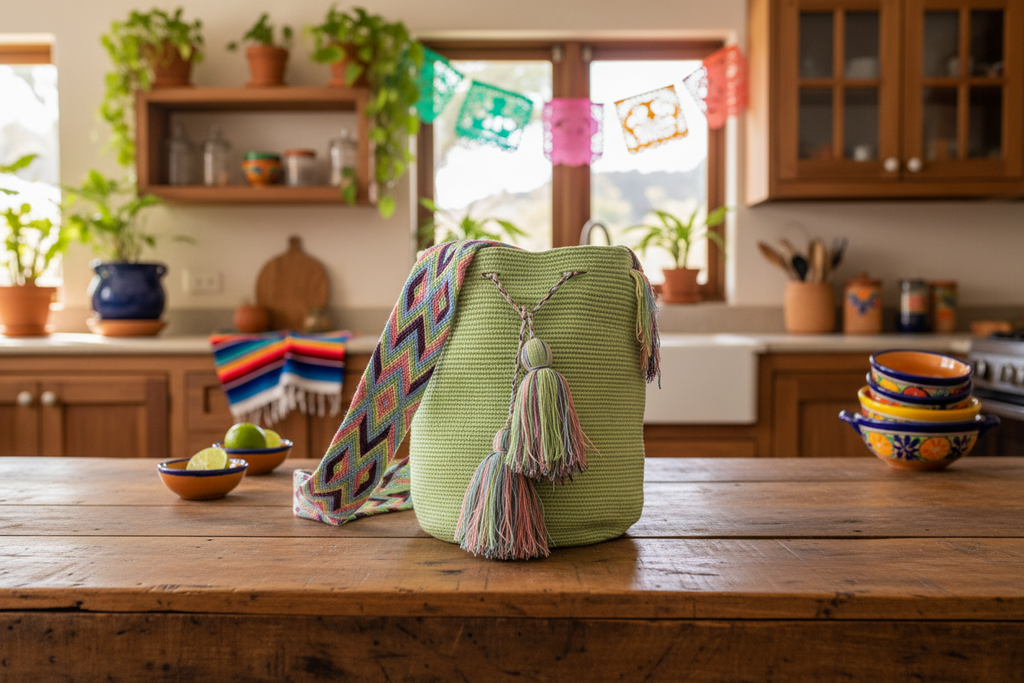 Authentic handmade Colombian Wayuu Mochila in lime green cotton thread on rustic kitchen table. Bag is hand-woven by artisans; great for boho-chic accessory.