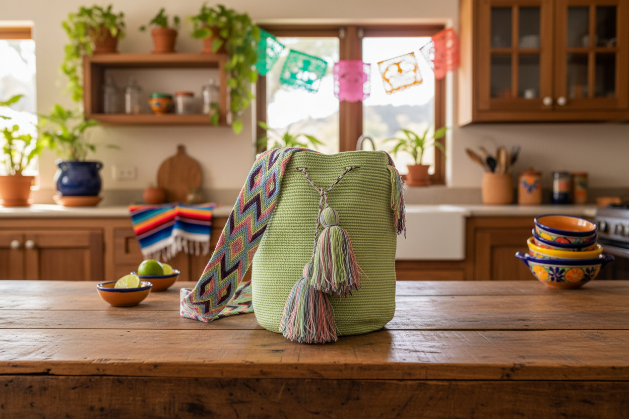 Authentic handmade Colombian Wayuu Mochila in lime green cotton thread on rustic kitchen table. Bag is hand-woven by artisans; great for boho-chic accessory.