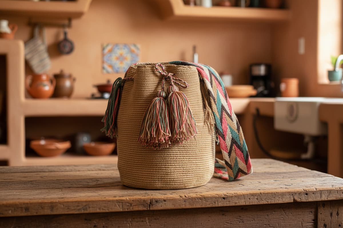 Handmade Wayuu mochila in crocheted style with vibrant coloured strap and pompoms. Handwoven bag is sitting on kitchen table.