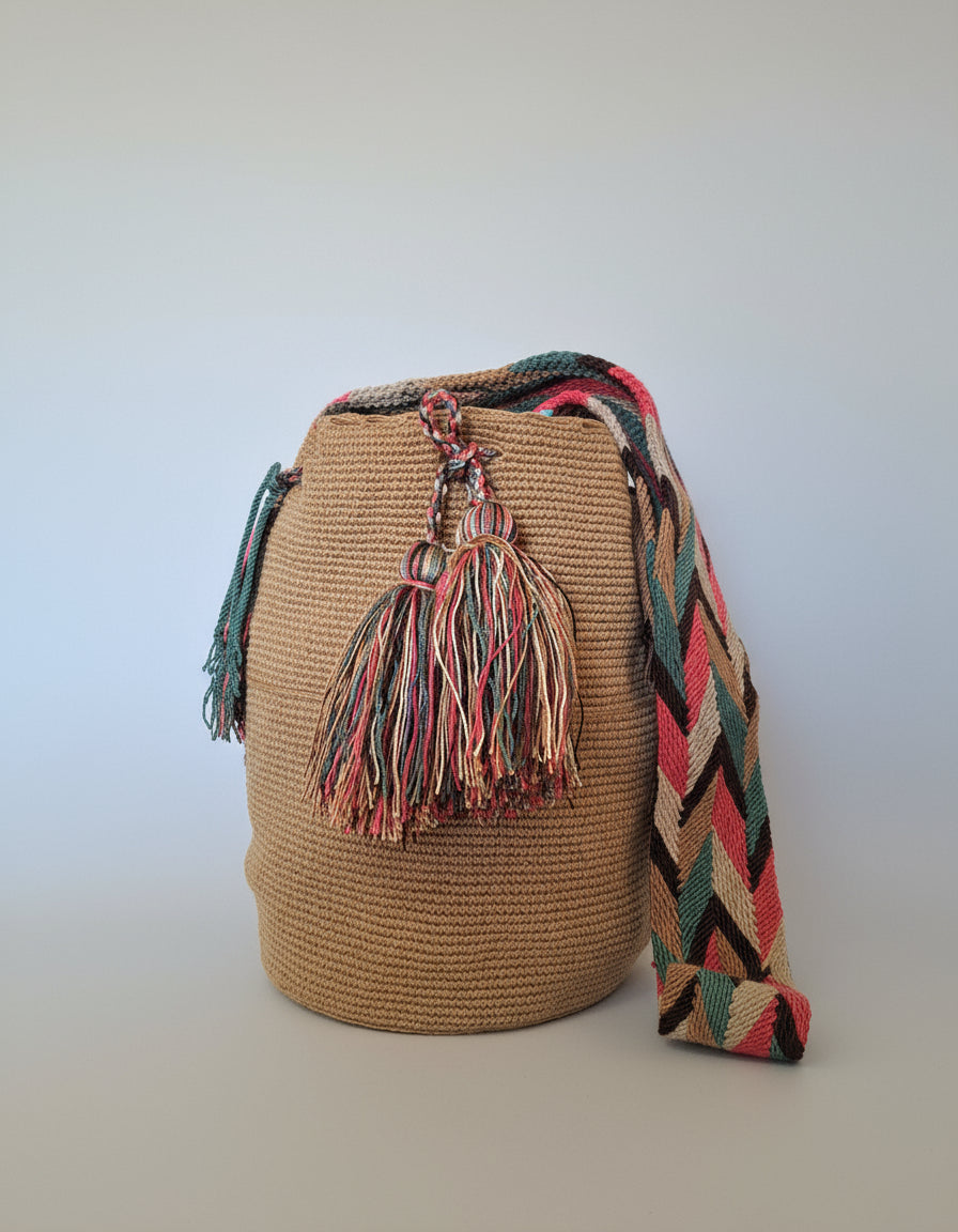 Authentic handmade Colombian Wayuu Mochila in tan coloured cotton threads. Large mochila is authentic Wayuu heritage, ideal for eclectic outfits.