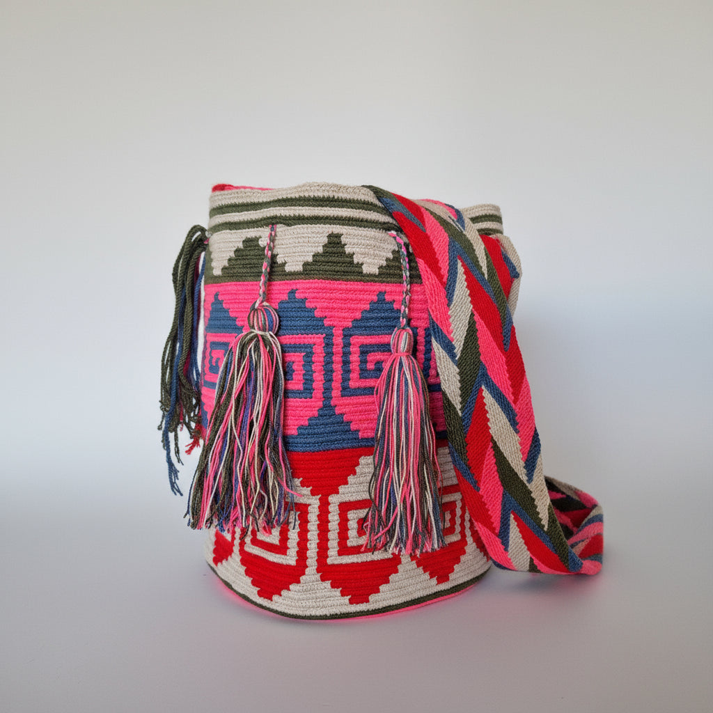 Authentic handmade Colombian Wayuu Mochila in vibrant cotton threads with geometric design. Large artisanal bag is responsibly hand-crafted; a boho festival essential.
