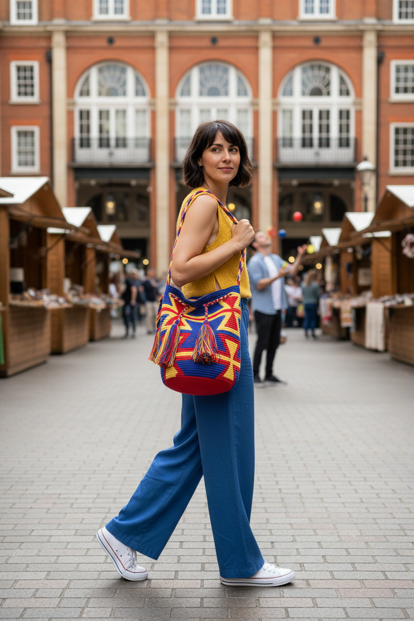 Woman wearing a multi-colored handmade Wayuu shoulder bag at trendy market. Large mochila is artisan-made and perfect for boho styling.