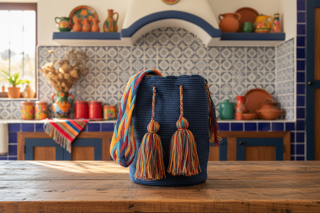 Authentic handmade Colombian Wayuu Mochila in navy blue cotton thread on rustic kitchen table colourful strap. Bag made by native weavers and ethically-sourced.