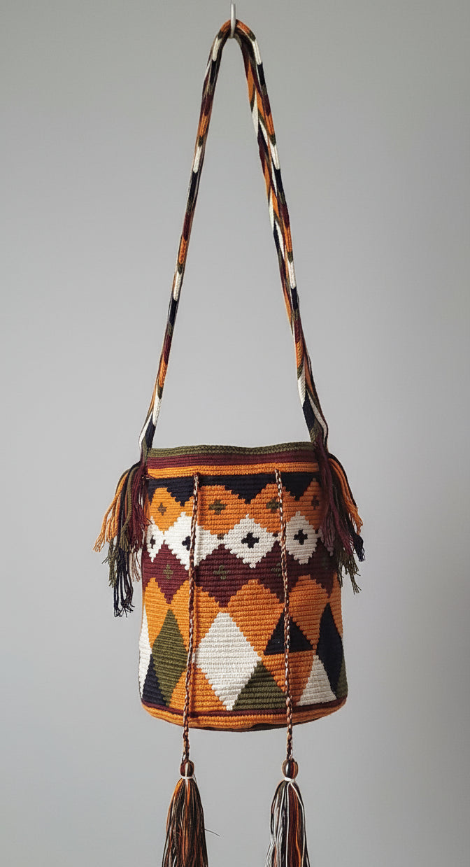Detailed view of traditional Wayuu crochet technique in orange and brown with tassels and crossbody strap fully extended. Large mochila bag supports indigenous weavers with every boho purchase.